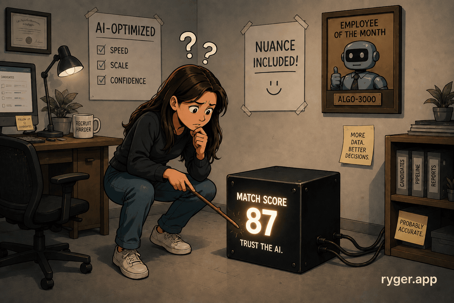 Comic about opaque match scores hiding the reasoning behind recruiting decisions.