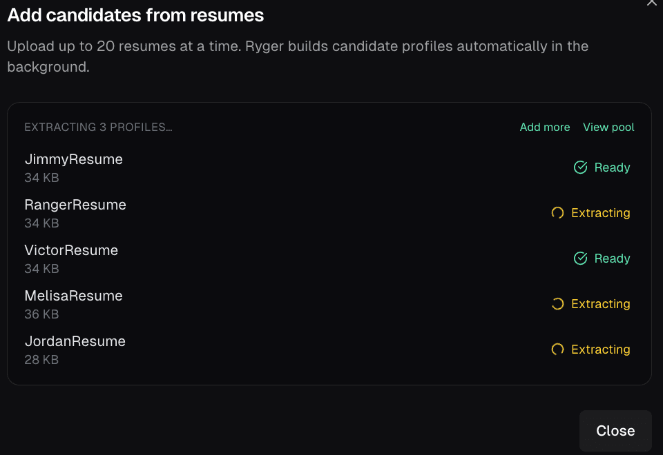 Ryger bulk upload showing resumes being extracted into candidate profiles