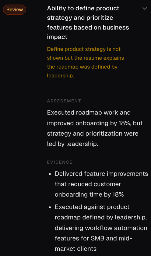 Requirement evaluation showing a review outcome with nuance, what's supported, and what's missing